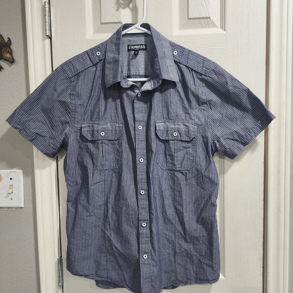 Express Men's Fitted Short Sleeve Shirt M 15-15.5 Blue Stripe 100% Cotton...